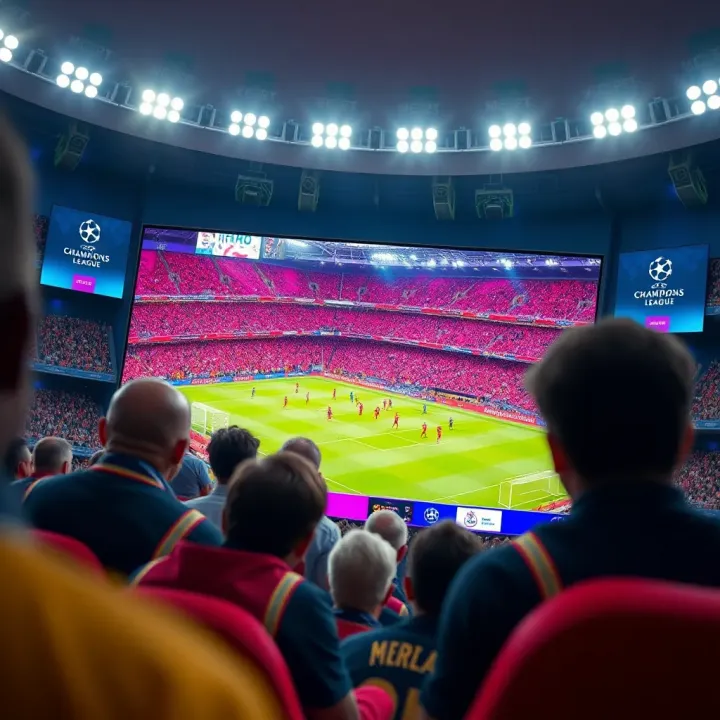 Television screen showing live Champions League soccer match with vibrant stadium atmosphere