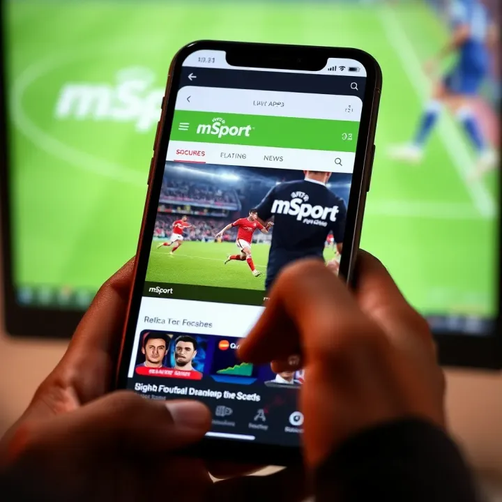 Mobile device displaying live football scores and news updates on the mSport app interface