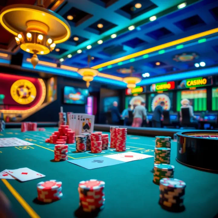 Colorful casino table with various game chips and cards under bright casino lights