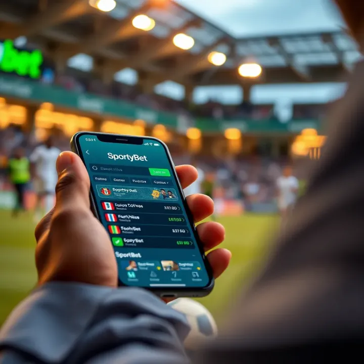 Smartphone displaying SportyBet app with football betting options and Nigerian currency