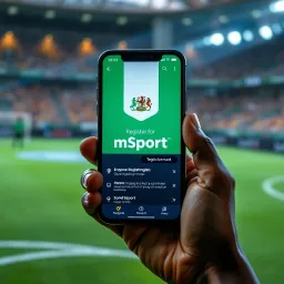 Mobile phone displaying the mSport registration interface with Nigerian flag colors
