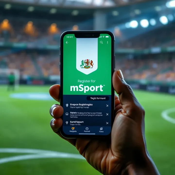 Mobile phone displaying the mSport registration interface with Nigerian flag colors