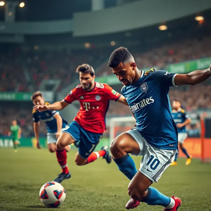 Dynamic football players competing fiercely on the pitch during an international match
