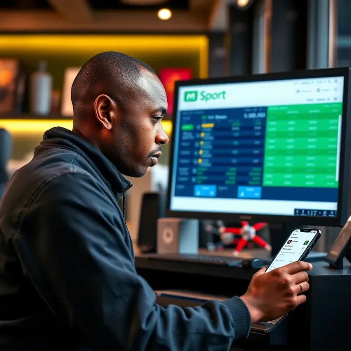 Illustration of a Nigerian bettor managing their MSport account deposits and adjusting payment thresholds