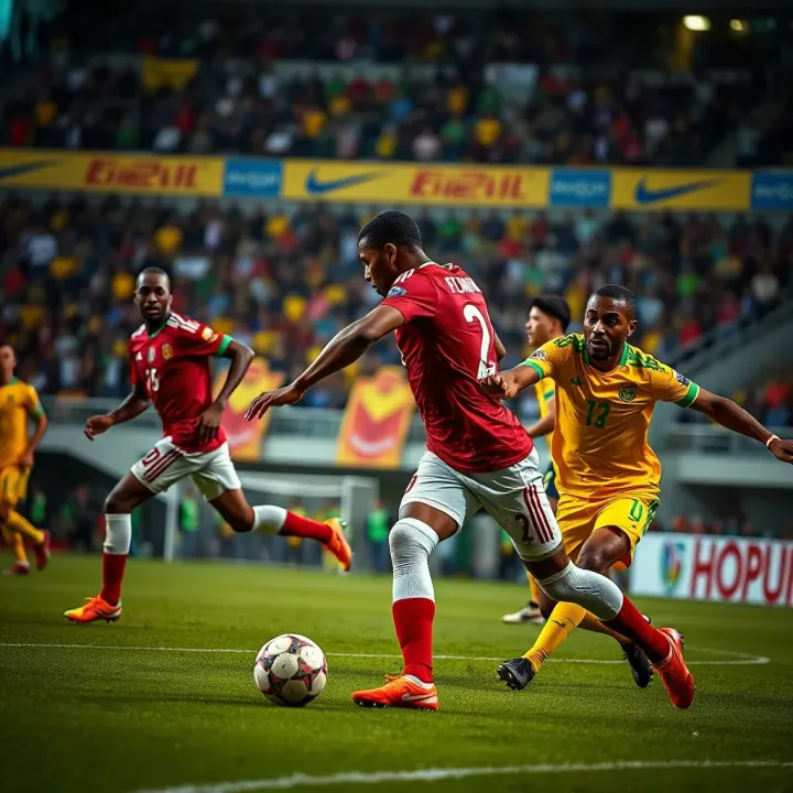 Dynamic football action highlighting key players in an intense African national team match