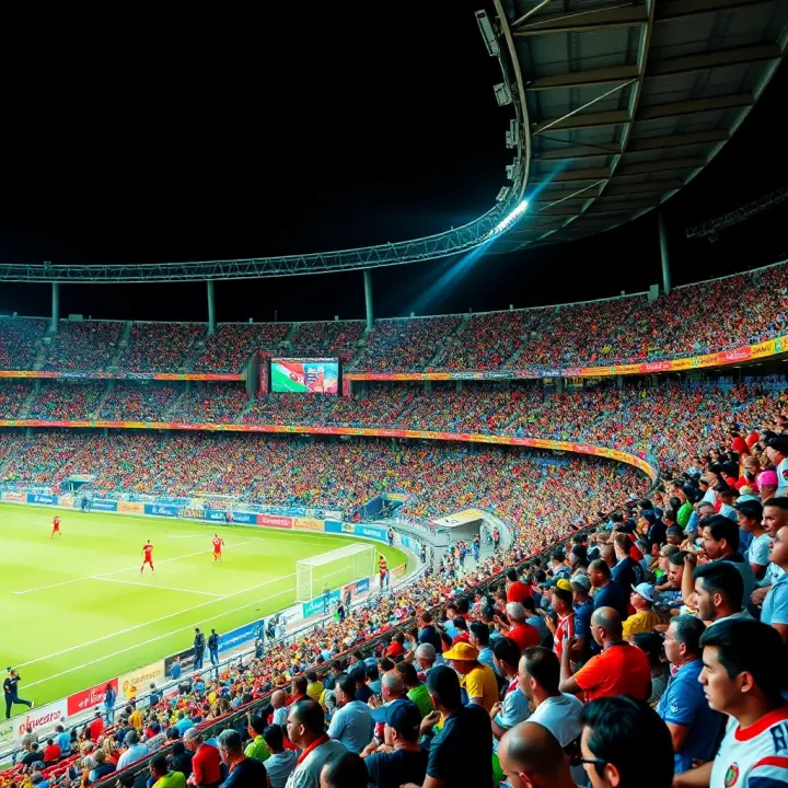 Colorful stadium filled with enthusiastic fans during an African football tournament