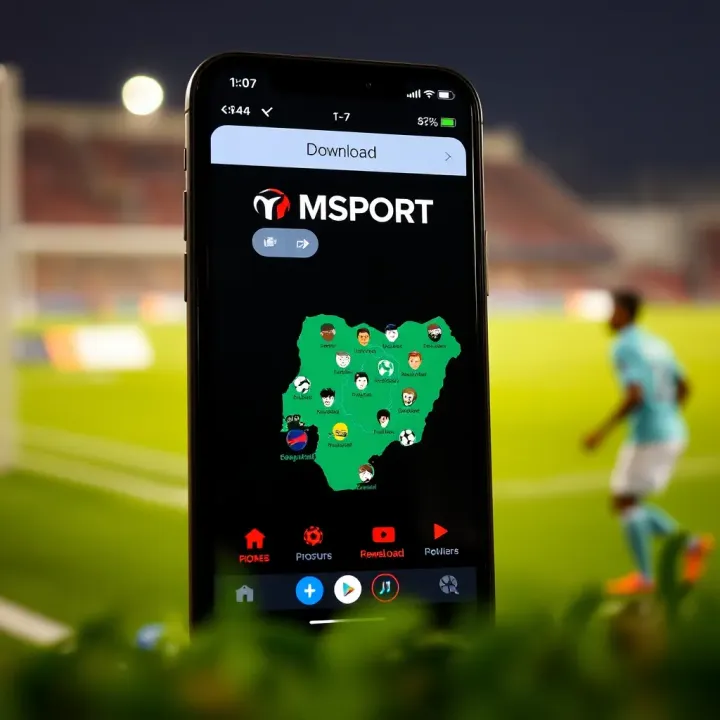 Mobile phone showing Msport app download page with sports icons and Nigerian map