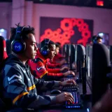 Competitive esports players engaged in an intense gaming tournament with dynamic visuals