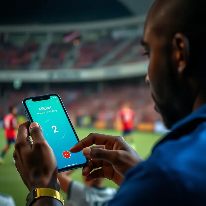 Nigerian user engaging with Msport app showing connectivity status on phone screen