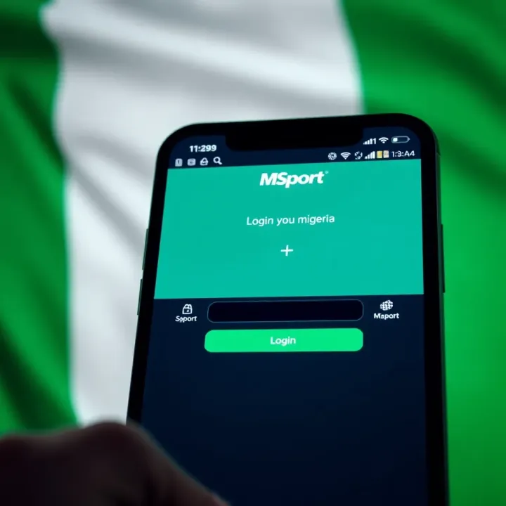 User interface displaying Msport app login screen with Nigerian flag background