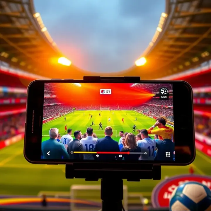 Smartphone displaying live football match streaming with vibrant stadium background