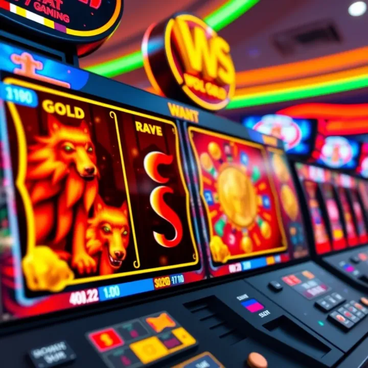 Colorful slot machine reels displaying wolf and gold symbols in a vibrant casino setting