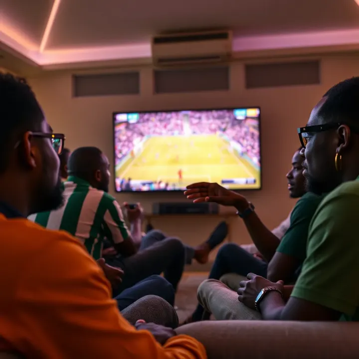 Nigerian football fans watching a live Premier League match on television with enthusiasm
