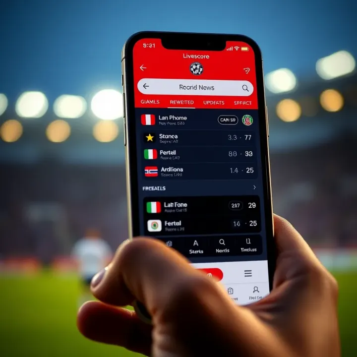 Mobile Display of Real-Time Football Scores on Sports App Mobile phone displaying live football scores and updates on a sports app interface