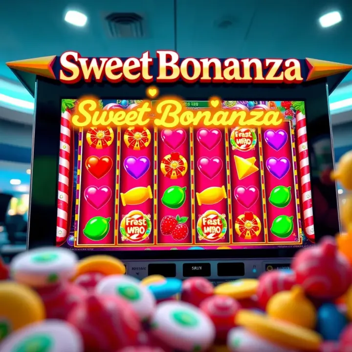 Colorful Sweet Bonanza slot game screen showing vibrant candies and fruits with winning paylines