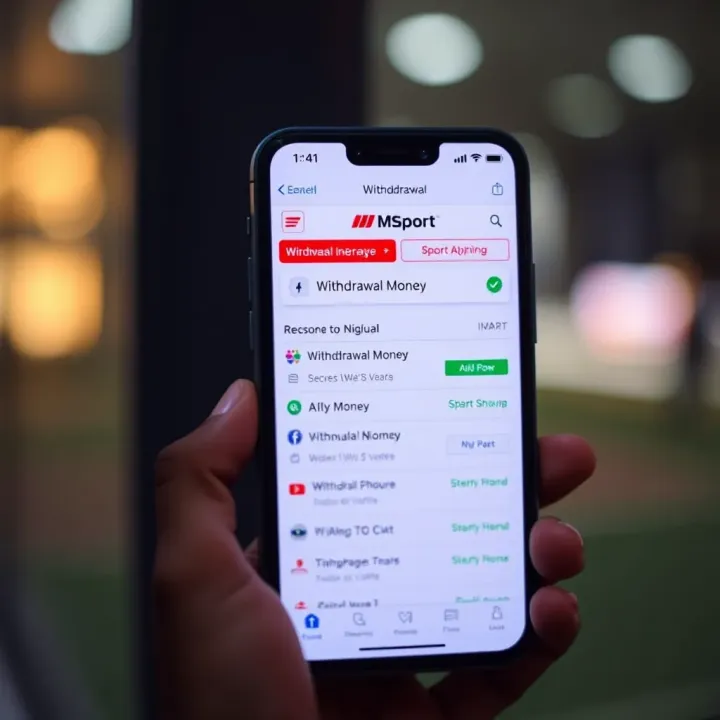 Mobile phone displaying Msport withdrawal options on a secure app interface